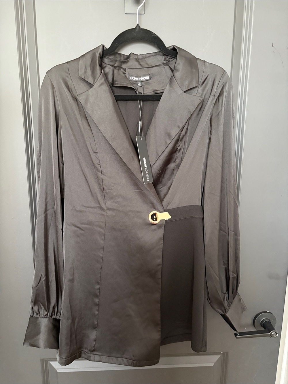 Fashion Nova Satin Black Wrap-Style Jumpsuit with Gold Accent